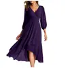 Vestido Feminino Amazon Transfronteiriço 2025 Gola V Cor Sólida Manga Três Quartos Ajuste na Cintura Slim Fit Elegante para Madrinha