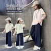 Traje para Niñas 2025 Verano Nuevo Estilo Infantil Estilo Preppy Manga Corta Mediano y Grande Encaje Jeans Conjunto de Dos Piezas