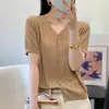 Cardigã de Malha Tencel com Decote V para Mulheres, Camiseta Fina de Verão com Manga Curta, Renda Vazada, Fechamento de Botão Único, Top Curto Estiloso e da Moda