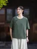 Camiseta de Manga Corta para Mujer, Estilo Nuevo de Verano 2026, Artística Retro, Algodón y Lino, Holgada, Casual, Bloques de Color, de Botones, Pulóver