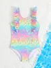 Traje de baño infantil modelo nuevo 2027, Comercio exterior estilo europeo y americano para niños, Mono lindo estampado con ribete de encaje, Traje de baño de moda para niñas