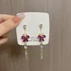Brincos Borboleta com Franja e Zircônia Rosa em Prata Leve Doce High-end Pendente Moda Elegante Versátil para Mulheres