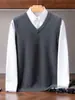 Chaleco de cachemir para otoño e invierno, de siete agujas y doble hilo, engrosado, para hombre, cuello en V, casual de negocios, sin mangas, tejido