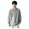 Suéter Casual Cálido de Jacquard para Hombre 2026 Cuello Solapa Otoño Primavera Puño de Canalé Grueso Tejido de Punto de Color Sólido