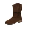 Botas femininas de salto baixo bloco, novidades de verão 2026 outono Maillard western cowboy botas curtas, botas Martin de cano médio