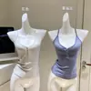 Top de punto sin tirantes con cuello en V Gris/Azul Smog Henley Capa base Botón de concha natural Cintura ceñida Camisola adelgazante