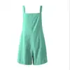 Europeos y Americanos 2021 verano transfronterizo nuevo algodón y lino nuevo de una sola pieza con tirantes color liso botón casual shorts para mujer