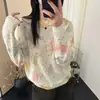 Moda Outono e Inverno Novo Suéter Cardigan de Tricô Solto com Gola Redonda Feminino Estiloso Redutor de Idade Estampado com Miçangas Macio e Aderente Camada Base Top