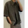Cleanfit Camisa de Tricô Vazado Masculina Verão Fina Estilo Retro Americano Férias Camisa de Manga Curta com Lapela Tendência