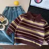 Suéter Bangcheng Vintage de Bloques de Color y Rayas con Cuello Polo para Niños y Niñas, Suéter de Punto Suave para Otoño