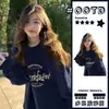 Sudadera Redonda Estampada Estilo Americano para Mujer, Top Moderno de Corte Holgado en Azul Marino