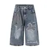 Bufanda de Seda Cinta Cuadros Patchwork Bordado de Letras Pantalones Cortos de Mezclilla Verano Nuevo Holgados Rectos Casuales Pantalones Acortados