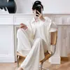 2026 Novo Pijama Feminino Primavera e Outono Seda Gelada Manga Longa Tamanho Grande Conjunto Verão Cor Sólida High-End Calça Wide Leg Roupa de Casa