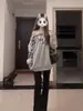 Sudadera Gris de Estilo Americano sin Hombros para Mujer, Popular Otoño e Invierno Forrada de Polar Gruesa Holgada Moda Estampado de Letras Top Petite