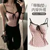 Top Camisola Rosa de Bolinhas Pure Desire para Mulheres com Renda Laço Sutiã Embutido Afinando Sem Mangas Camada Base