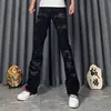 Estilo Nuevo Moda de Comercio Exterior Tendencia Jeans Acampanados para Hombre Ajuste Delgado Cintura Media Elásticos Bordados Negros Marca de Tendencia