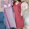 Camisola fina de verão feminina de manga curta, cor sólida, com bojo no peito, longa, acima do joelho, peça de outer wear para casa, atacado transfronteiriço