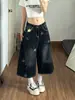 Jeans de Sarja Lavado Retro Americano com Estampa de Estrela Desgastada Calças Cropped Femininas de Verão Novas Cintura Alta Emagrecedoras Perna Larga