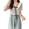 Fábrica 2025 Estilo Coreano Laço Contrastante Manga Curta Camiseta Feminina Verão Novo Gola Boneca Slim Top de Malha