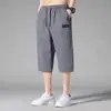 Calça Esportiva de Verão Masculina, Calça Casual Solta de Seda Gelada Acima do Joelho de Secagem Rápida, Bermudas Casuais Masculinas de Três Quartos