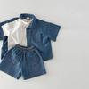 Conjunto de Roupa Estilo Coreano para Meninos e Meninas, Conjunto de Camisa Jeans de Manga Curta e Shorts, Conjunto de Duas Peças Moderno de Verão