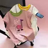 Camiseta de Manga Corta para Niña 2026 Nuevo Verano Elegante Top Infantil Lindo Bloque de Color Manga Media Camiseta Básica Tendencia