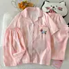 Venta al por mayor transfronteriza de conjunto de pijama de tres piezas nuevo para mujer: cárdigan, top de manga corta, pantalones largos, pantalones cortos, conjunto de ropa de casa de dibujos animados del gato KT