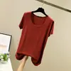 Camiseta base de modal color caramelo estilo coreano, cuello redondo, manga corta, cuello en U grande, camiseta básica holgada para mujer, primavera y verano
