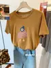 Camiseta Casual de Verão com Pato Bordado, Gola V Básica, Levemente Solta, Desenho Animado para Jovens, Manga Curta 2026