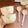 Cuenco Cerámico Irregular de Fresa con Dos Asas, Tazón de Arroz Lindo, Plato Redondo, Set de Vajilla de Alto Valor, Color Bajo Esmalte para Uso Doméstico de Niñas