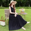 Novo vestido feminino de algodão e seda, colete sem mangas para mães, elegante e de alta qualidade, requintado vestido longo de verão para férias na praia