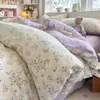 Conjunto de quatro peças de gaze dupla camada fofa de alto peso com bolinhas de desenho animado fofas, lençol e capa de edredom para dormitório estudantil