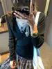 Top de punto con patchwork de color contrastante, cuello en V, falso dos piezas, manga larga, nuevo Otoño 2025, ajustado, elástico, camiseta base