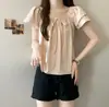 Camisa mint green solta de manga curta com laço e ombros à mostra para mulheres, estilo francês de verão, top que afina e valoriza