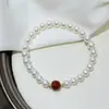 Pulseira de Prata Esterlina S925 com Pérola Shijia Redonda e Contas Cilíndricas de Ágata Vermelha Natural para Mulheres, Casual Versátil, Joia de Mão de Nicho