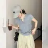 Camiseta Blanca de Punto Manga Corta Estilo Coreano con Cuello Polo para Mujer, Verano, Petite, Única, Hermosa, Corte Ajustado, Top Corto