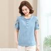 Traje de camiseta de manga corta de verano para mamá con bordado elegante para mujeres de mediana edad y mayores de 40 a 50 años, conjunto de dos piezas de top holgado de verano para mujer