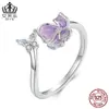Anillo Abierto de Mariposa Flor Morada Suave de Plata de Ley S925 Aiful Anillo Ajustable Joyería al por Mayor