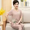 Pijama de Duas Peças de Algodão e Linho com Gola Redonda e Manga Curta para Primavera e Verão para Mulheres de Meia-Idade e Idosas, Mães e Sogras, Roupa de Casa Estampada que Pode Ser Usada Fora
