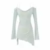 Atuendo de mujer coreana estilo deseo puro espalda descubierta ceñidor de cintura manga larga un hombro vestido falda corta irregular plisada ajustado