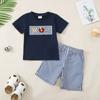 2025 Verano Transfronterizo Nuevo Bebé Niño Lindo Dibujos Animados Bordado Cuello Redondo Manga Corta Camiseta Rayas Pantalones Cortos Traje