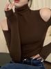 Camiseta de Cuello Alto con Hombros Descubiertos de Manga Larga Estilo Nuevo Chic para Otoño e Invierno para Mujer, Ajustada y Adelgazante con Forro Polar