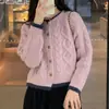 Casaco de tricô rosa para mulheres, design para primavera e outono, top curto para baixinhas, look de início de primavera