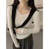Malha Fina de Lã com Gola V de Cor Sólida e Mangas Longas para Mulheres Outono Inverno Simples Modelador Camada Base Top Preto