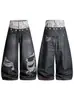 Jeans de Verano Unisex de Pierna Ancha Sueltos, Lavados a la Piedra, Rasgados, de Doble Cintura, Diseño Impreso en 3D, Estilo Retro de la Alta Calle Americana