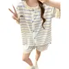Pijama Feminino, Estilo Verão Fino, Estilo Coreano, Doce Conjunto de Shorts de Renda Listrados de Manga Curta, Conjunto Casual Solto para Casa de Menina