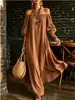 Vestido Largo Maxi de Color Sólido Texturizado Holgado con Hombro Descubierto y Manga Abullonada Transfronterizo Europeo y Americano para Vacaciones Playa Falda Larga con Caída