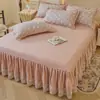 Conjunto de 4 peças de saia de cama de gaze de algodão tipo A de camada dupla lençol de cama de cor sólida 100% algodão cobre-leito capa de edredom com flores pequenas ampliadas roupa de cama 4