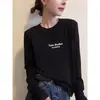 Camiseta negra de manga larga acanalada de algodón puro estilo coreano para mujer, moderna y versátil, top juvenil y elegante, camiseta básica para otoño