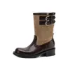 Botines estilo western super elegantes en color Maillard con bloques de color, punta redonda, tacón grueso de 4 cm, detalle de hebilla de cinturón elegante, diseño único de patchwork